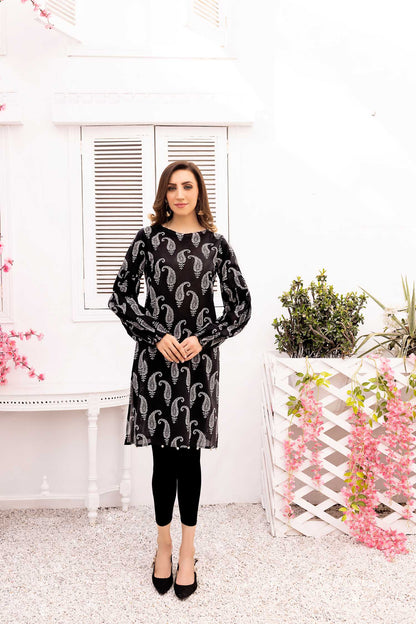 Adan's Libas - Black Shells - Digital Printed Stitched Lawn Kurti