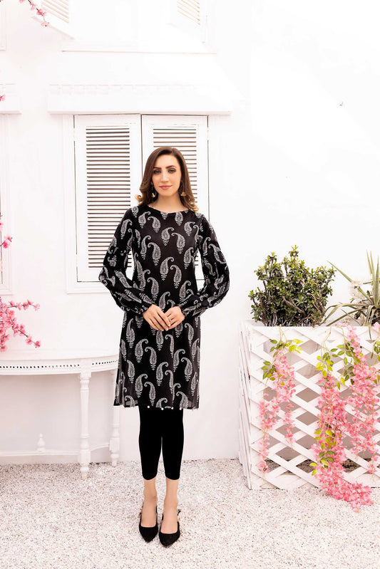Adan's Libas - Black Shells - Digital Printed Stitched Lawn Kurti
