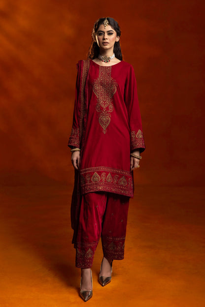 Charizma - 3-PC Embroidered Velvet Shirt with Embroidered Chiffon Dupatta and Trouser VVT-3-209