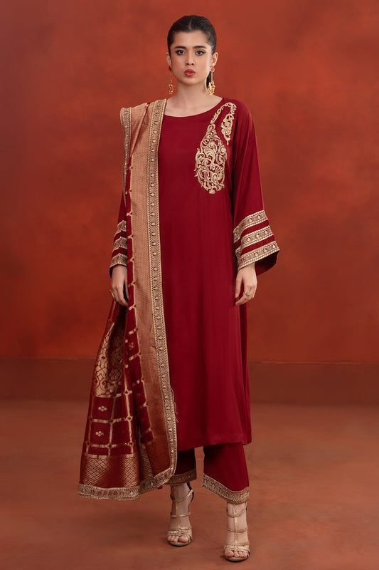 3-PC Raw-Silk Embroidered Shirt with Organza Zari Dupatta and Trouser CMA-3-207-R