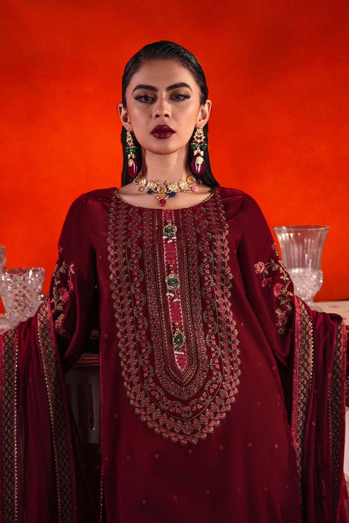 Charizma - 3-PC Embroidered Velvet Shirt with Embroidered Chiffon Dupatta and Trouser VVT-3-201