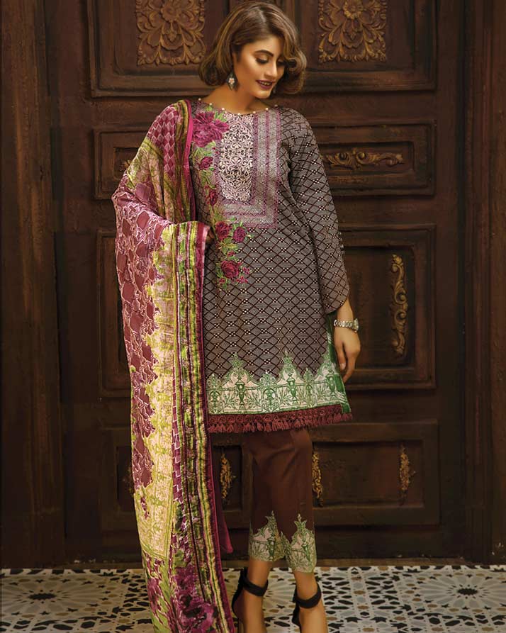 Adan's Libas - BROWN - Printed & Embroidered Khaddar With Plush Shawl