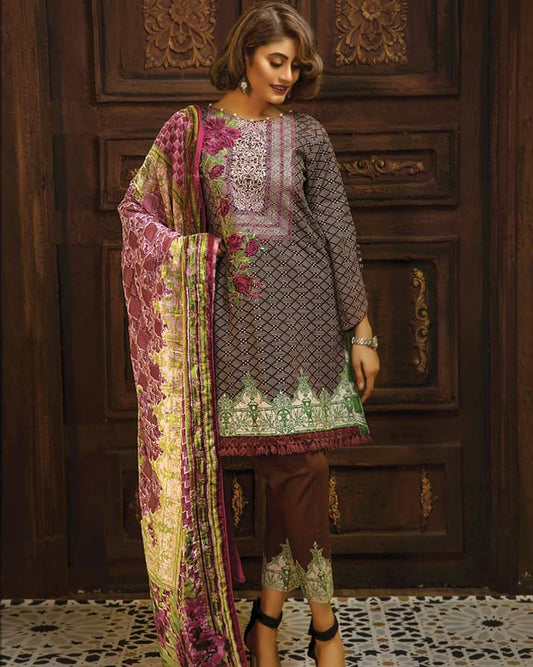 Adan's Libas - BROWN - Printed & Embroidered Khaddar With Plush Shawl