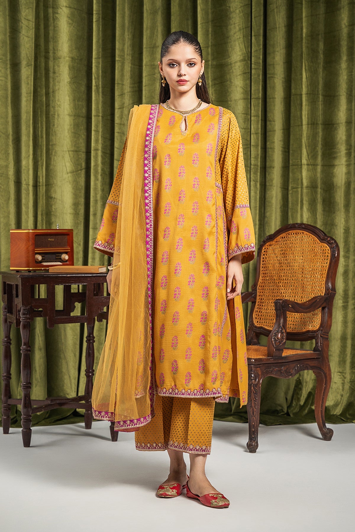 3-PC Silk Printed Shirt with Organza Dupatta and Trouser CMA-3-204