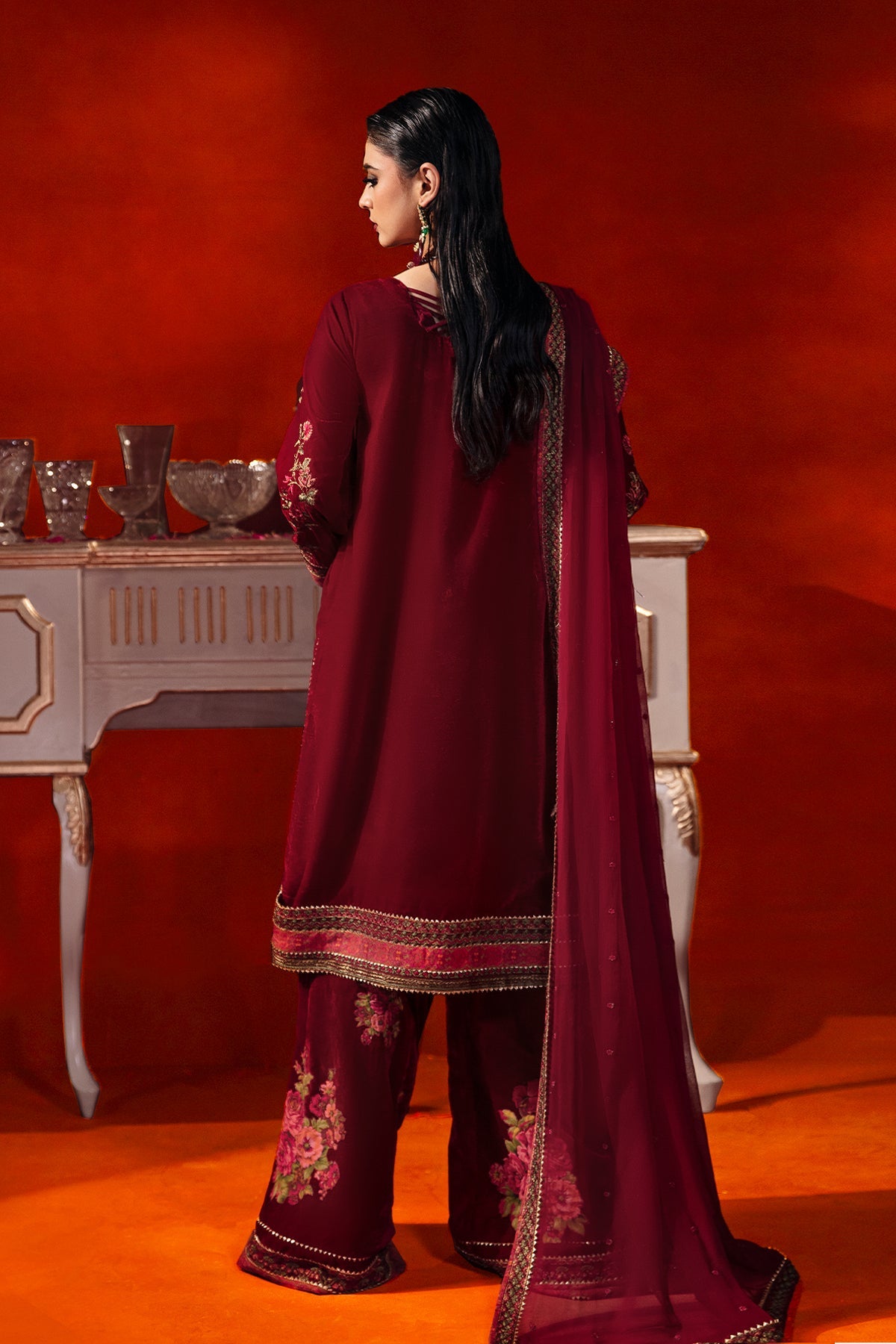 Charizma - 3-PC Embroidered Velvet Shirt with Embroidered Chiffon Dupatta and Trouser VVT-3-201