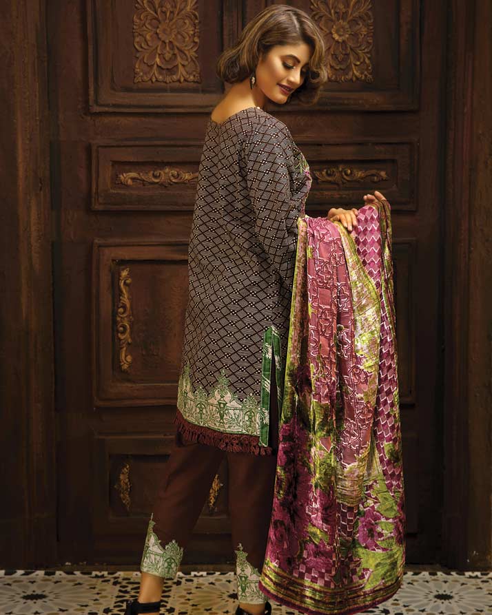 Adan's Libas - BROWN - Printed & Embroidered Khaddar With Plush Shawl