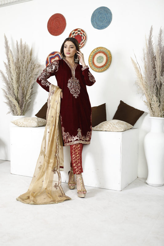 Ellena - 3-PC Stitched Velvet Suit