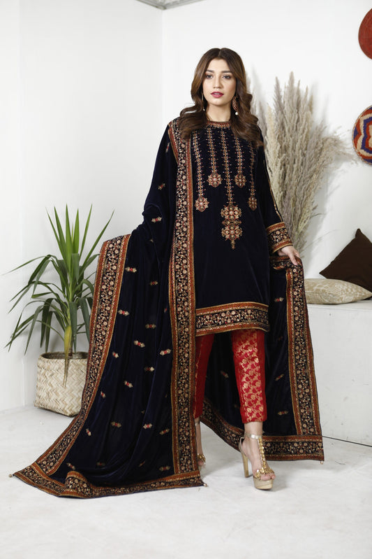 Ellena - 3-PC Stitched Velvet Suit