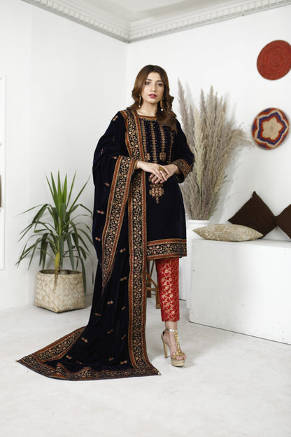 Ellena - 3-PC Stitched Velvet Suit
