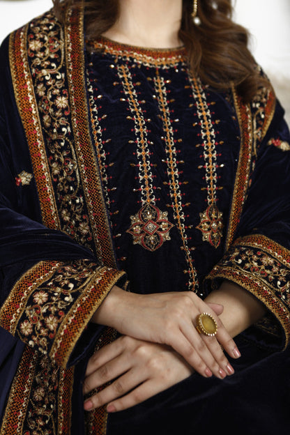 Ellena - 3-PC Stitched Velvet Suit