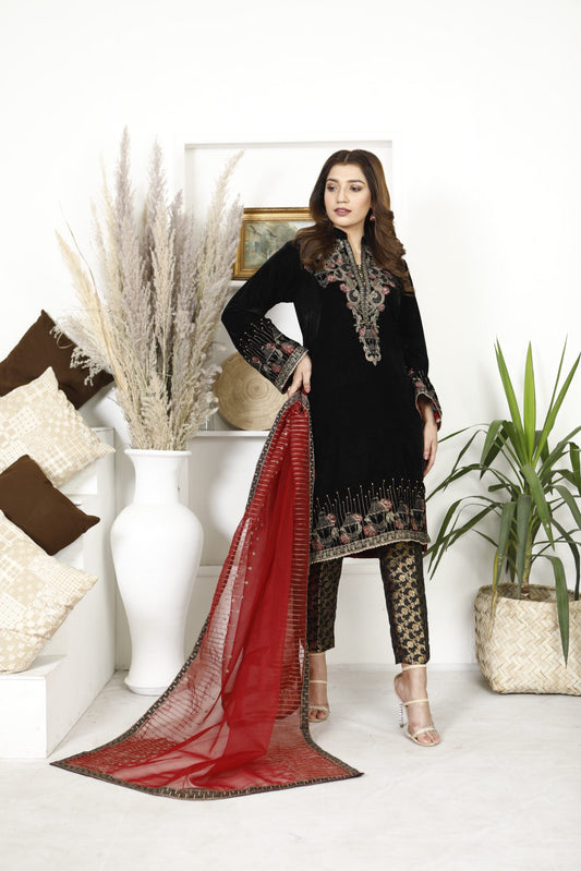 Ellena - 3-PC Stitched Velvet Suit