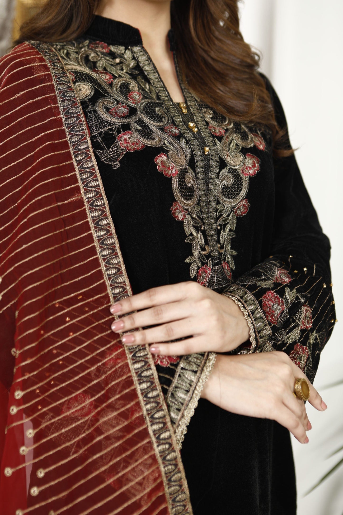 Ellena - 3-PC Stitched Velvet Suit