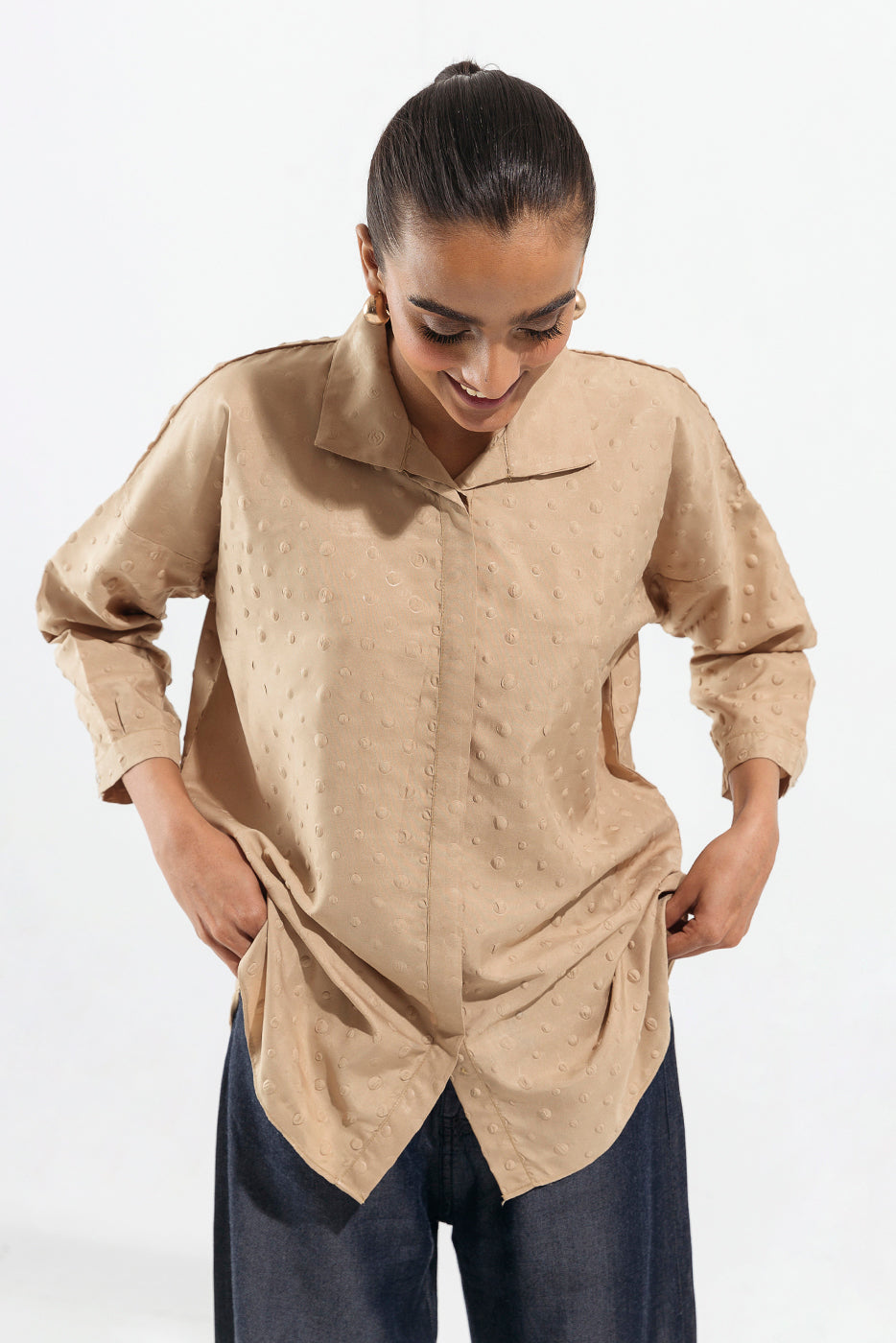 Beechtree - Beige Textured Button Down Shirt
