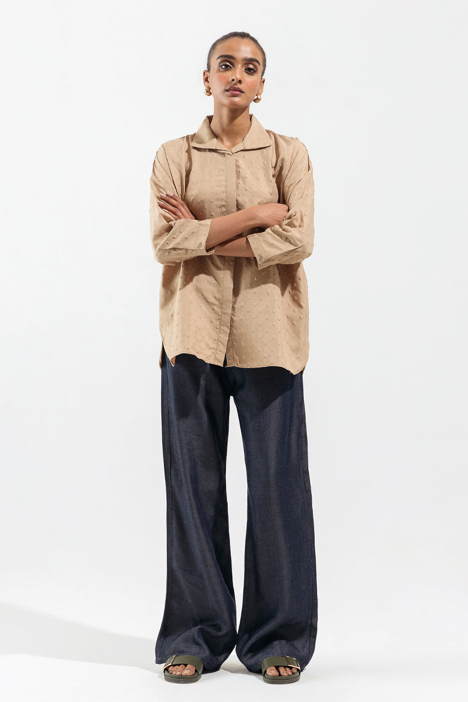 Beechtree - Beige Textured Button Down Shirt