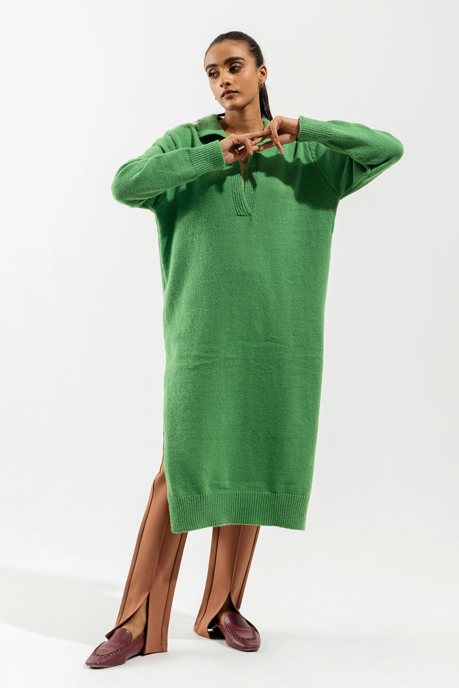 Beechtree - Bright Green Collared Long Sweater Dress