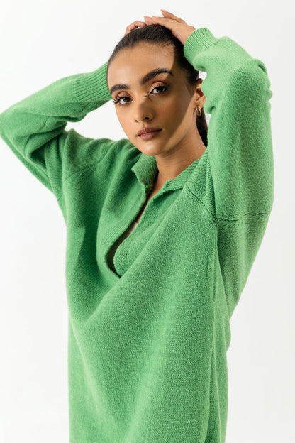 Beechtree - Bright Green Collared Long Sweater Dress