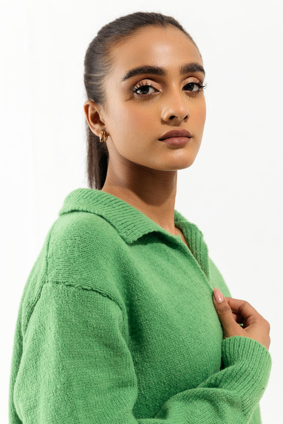 Beechtree - Bright Green Collared Long Sweater Dress