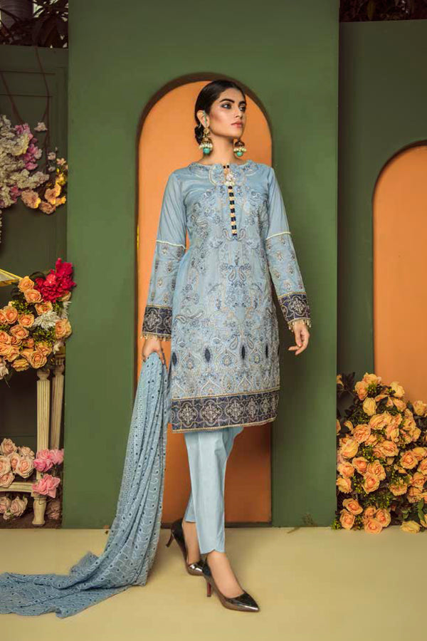 Adan's Libas - CADET BLUE - EMBROIDERED LAWN UNSTITCHED