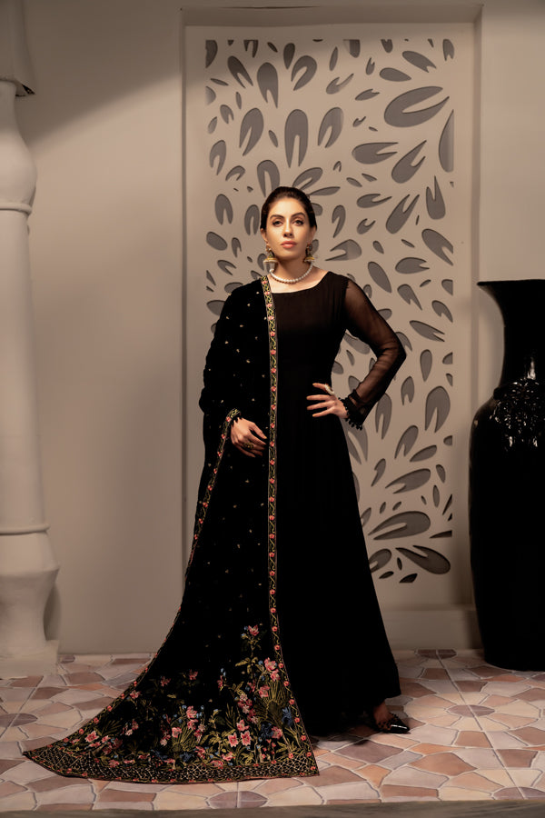 Adan's Libas - Black Iris - Embroidered Velvet Shawl