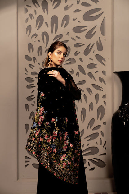 Adan's Libas - Black Iris - Embroidered Velvet Shawl
