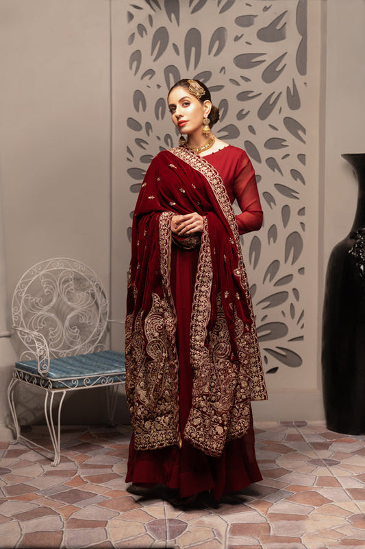 Adan's Libas - Burgundy - Embroidered Velvet Shawl