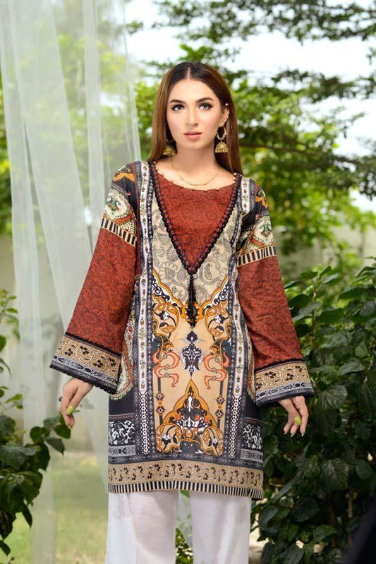 Adan's Libas - Burnt Umber - Digital Printed Unstitch Lawn Kurti