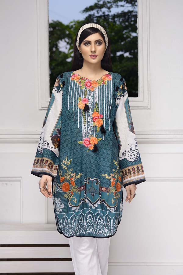 Adan's Libas - Blue Dianne - Digital Embroidered Stitched Lawn Kurti