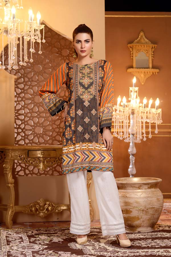 Adan's Libas - Brown Derby - Digital Printed and Embroidered Mesuri Lawn Kurti