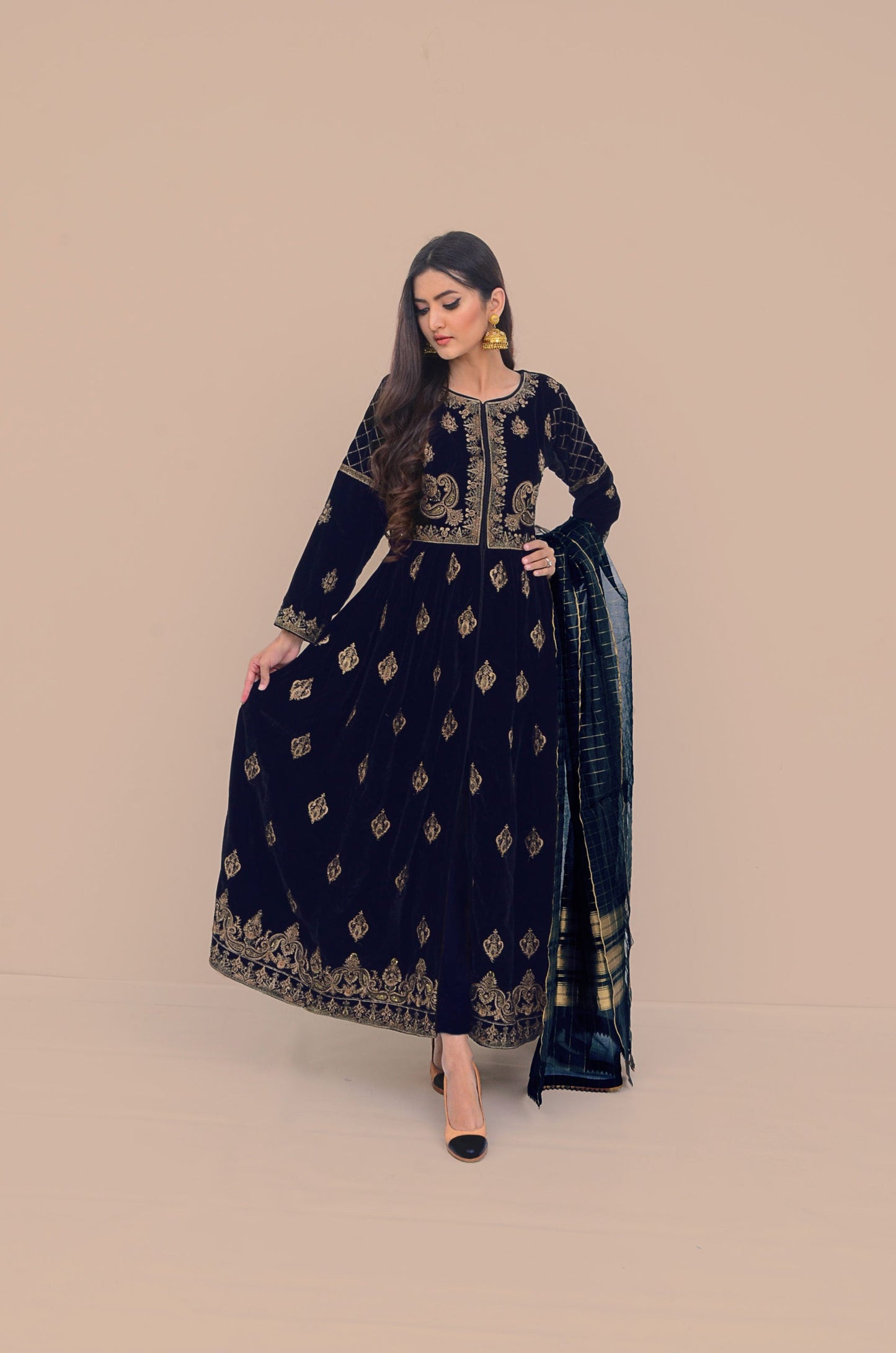 Ellena - 3-PC Stitched Velvet Suit