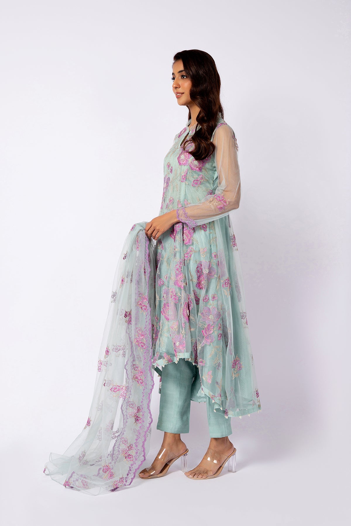 Kayseria - 2 Piece Hexa Poly Net Shirt & Dupatta