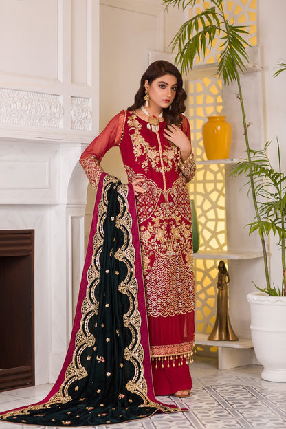 Adan's Libas - Blooming Red - Embroidered & Hand Embellished Chiffon 3PC