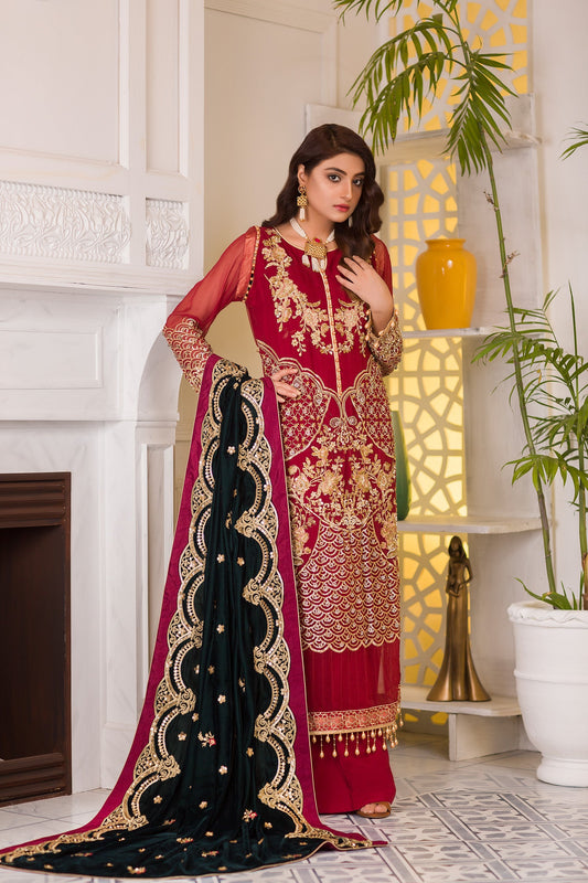 Adan's Libas - Blooming Red - Embroidered & Hand Embellished Chiffon 3PC
