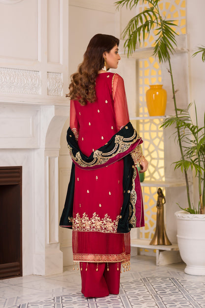 Adan's Libas - Blooming Red - Embroidered & Hand Embellished Chiffon 3PC