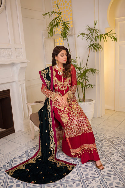 Adan's Libas - Blooming Red - Embroidered & Hand Embellished Chiffon 3PC