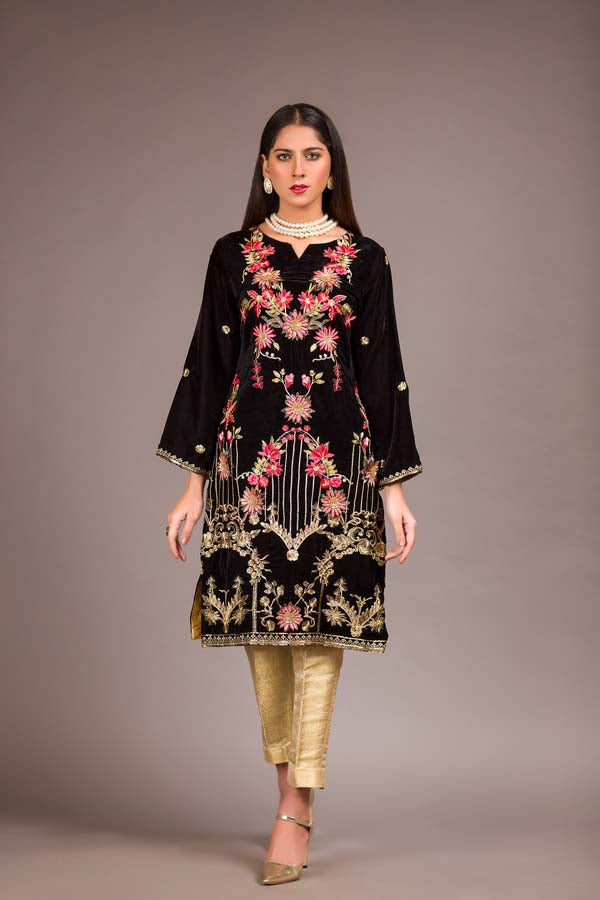 Adan's Libas - Black Forest - Embroidered Velvet Unstitch Kurti
