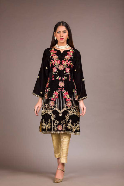 Adan's Libas - Black Forest - Embroidered Velvet Unstitch Kurti