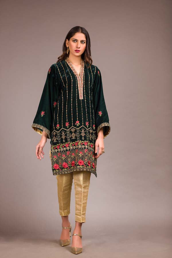 Adan's Libas - Bush Green - Embroidered Velvet Unstitch Kurti
