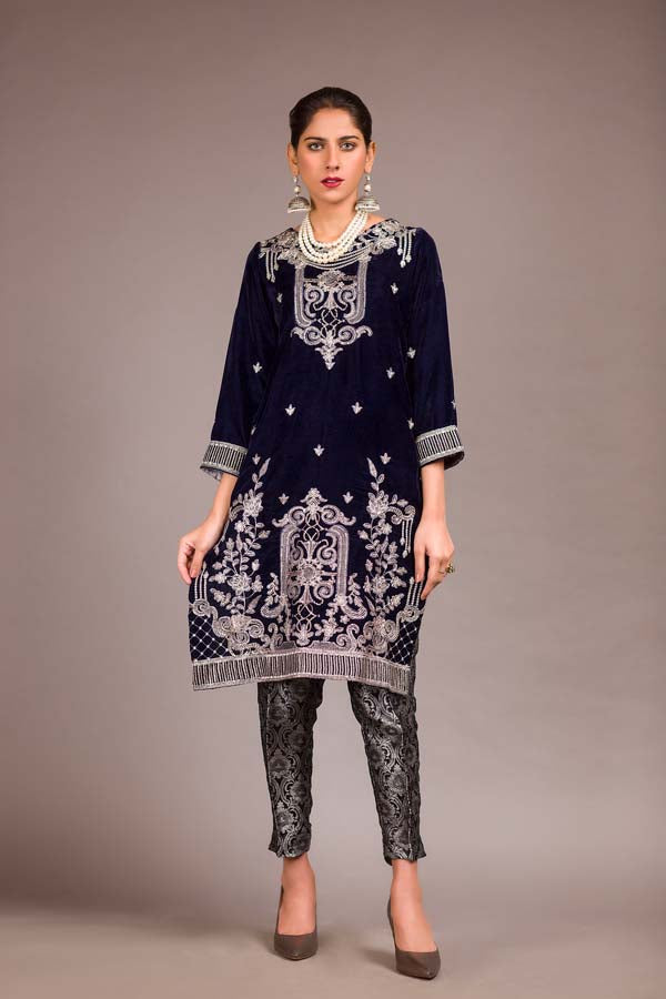 Adan's Libas - Blue Charcoal - Embroidered Velvet Unstitch Kurti