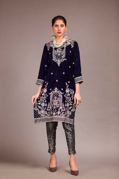 Adan's Libas - Blue Charcoal - Embroidered Velvet Unstitch Kurti