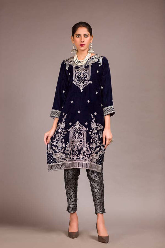 Adan's Libas - Blue Charcoal - Embroidered Velvet Unstitch Kurti