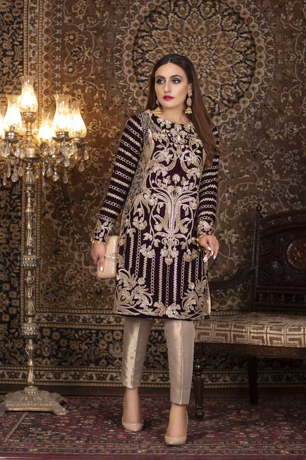 Adan's Libas - Caput Mortuum - Embroidered Velvet (2 Piece)