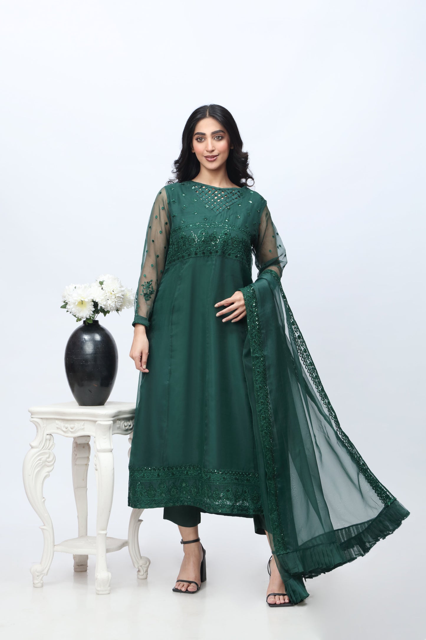 3-PC Embroidered Organza Shirt with Organza Dupatta and Trouser CMA-3-052