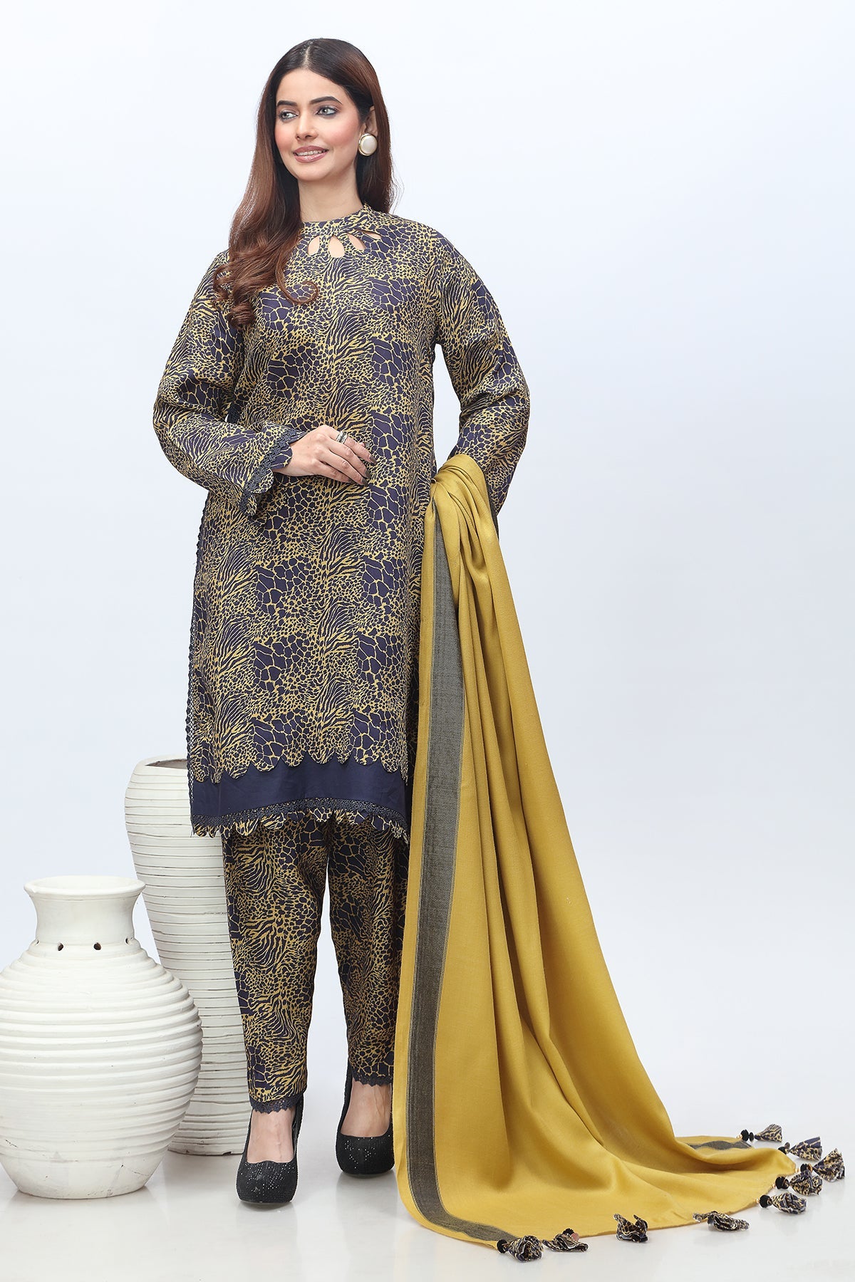 3-PC Printed staple Shirt with Wool Shawl and Trouser NYS4-13