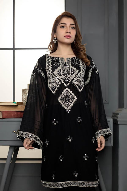 Adan's Libas - Black Ara - Stitched Embroidered Swiss Shirt