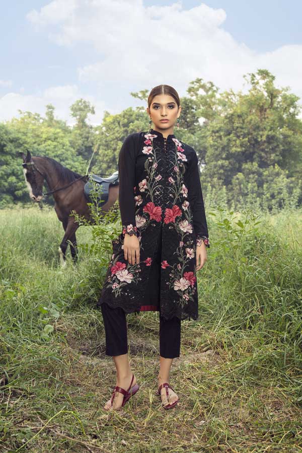 Adan's Libas - Blushing Black - Premium Embroidered Jacquard Unstiched Lawn Kurti