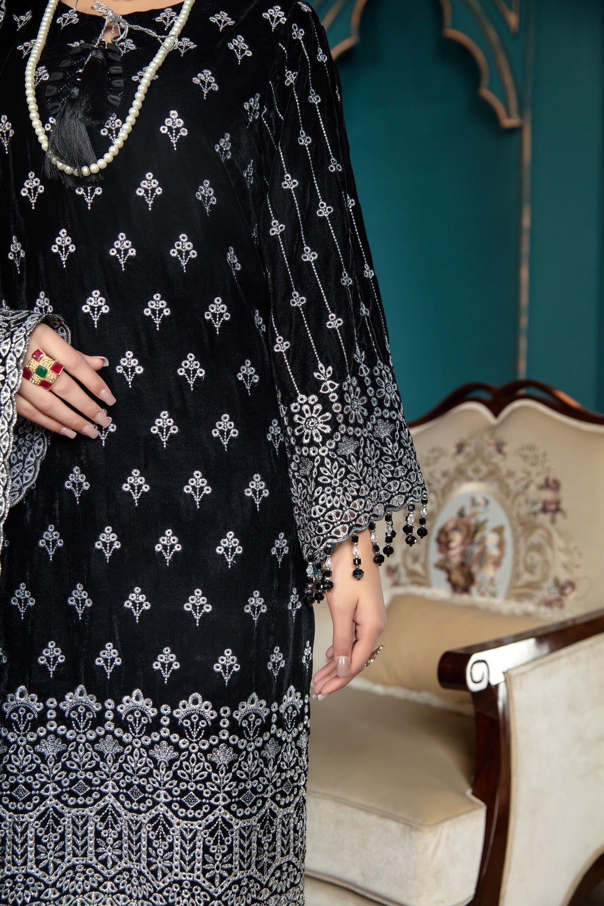 Adan's Libas - Black Rose - Embroidered Velvet 3 piece