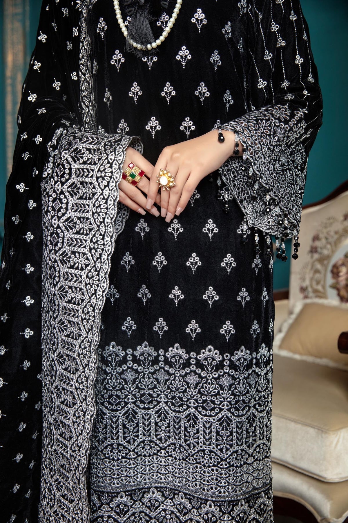 Adan's Libas - Black Rose - Embroidered Velvet 3 piece