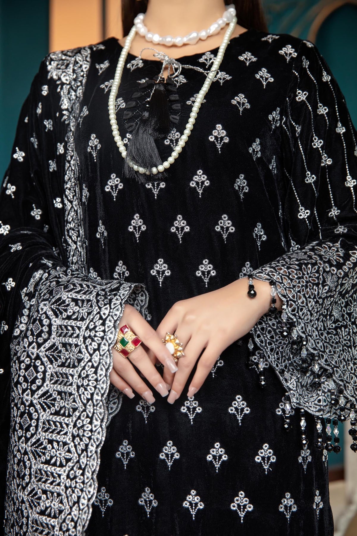 Adan's Libas - Black Rose - Embroidered Velvet 3 piece