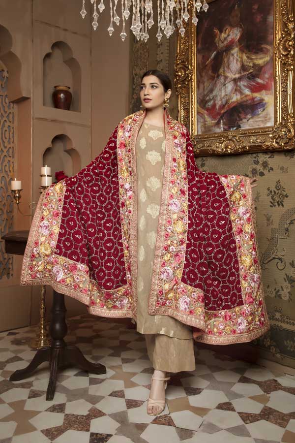 Adan's Libas - Burgundy - Embroidered Velvet Shawl