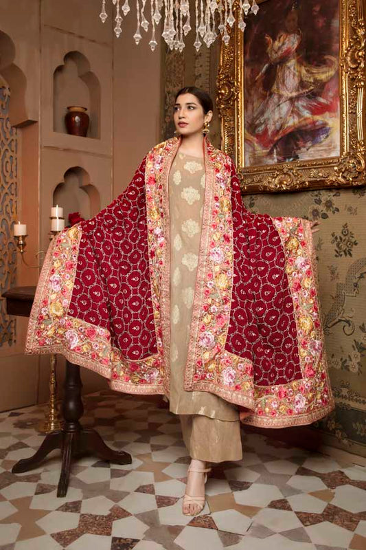Adan's Libas - Burgundy - Embroidered Velvet Shawl